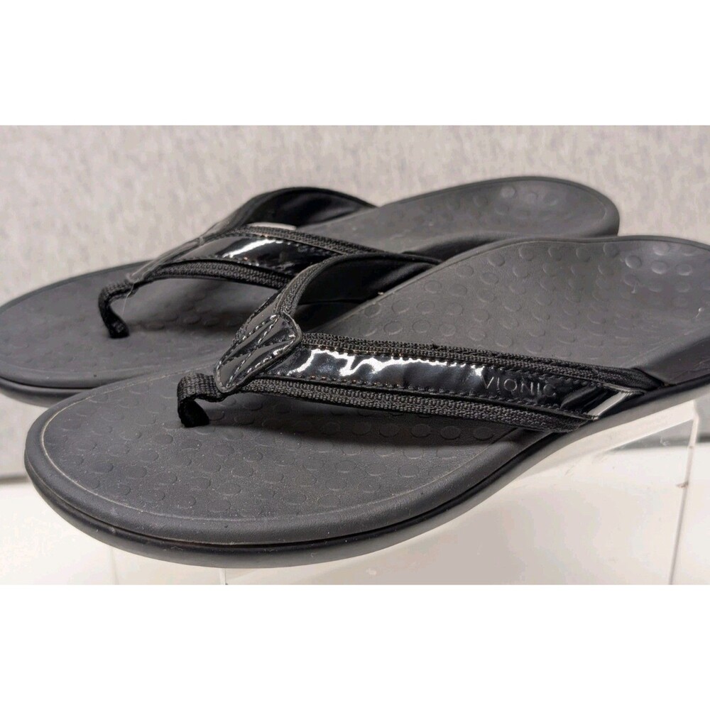 Vionic Tide Sandal Womens 8 Black Patent Leather Webbing Comfort Slip On Thong